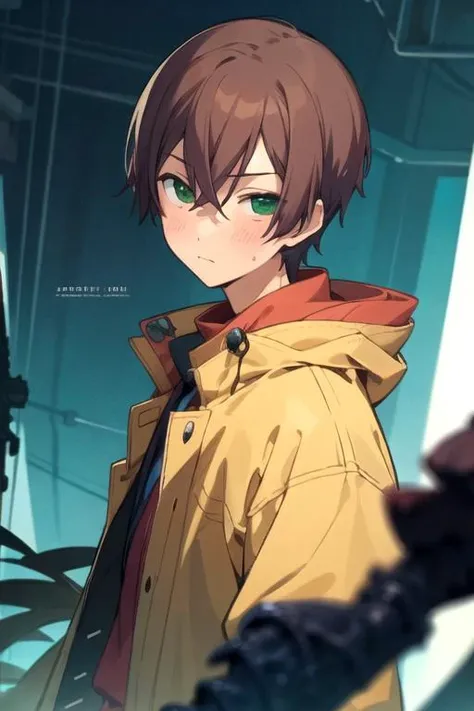 masterpiece, best quality, illustration, 1boy, solo, male focus, looking at viewer, upper body, depth of field, anime coloring, realistic, <lora:shinya_momotsuki:0.66>, shinya_momotsuki, brown hair, green eyes, jacket, , science fiction horror,