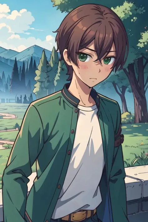 masterpiece, best quality, game cg, 1boy, solo, male focus, looking at viewer, upper body, , , realistic, <lora:shinya_momotsuki:0.68>, shinya_momotsuki, brown hair, green eyes, , , High definition