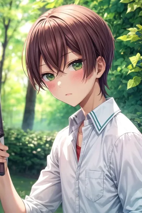 masterpiece, best quality, wallpaper, 1boy, solo, male focus, looking at viewer, upper body, , , , <lora:shinya_momotsuki:0.68>, shinya_momotsuki, brown hair, green eyes, oxford shirt, , ,