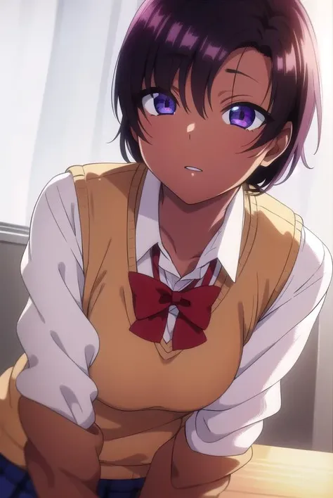 saehinata, <lora:saehinata-lora-nochekaiser:1>,
sae hinata, blue eyes, purple hair, dark skin, dark-skinned female, short hair,
BREAK shirt, bow, school uniform, white shirt, collared shirt, bowtie, red bow, sweater vest, brown sweater,
BREAK looking at viewer,
BREAK indoors, classroom,
BREAK <lora:GoodHands-vanilla:1>, (masterpiece:1.2), best quality, high resolution, unity 8k wallpaper, (illustration:0.8), (beautiful detailed eyes:1.6), extremely detailed face, perfect lighting, extremely detailed CG, (perfect hands, perfect anatomy),