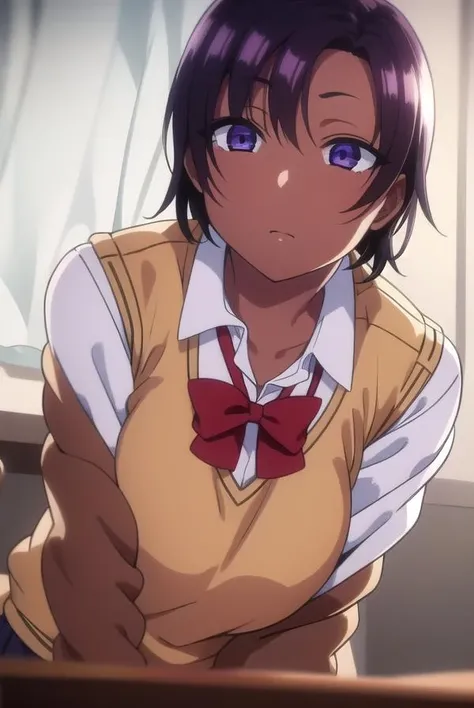 saehinata, <lora:saehinata-lora-nochekaiser:1>,
sae hinata, blue eyes, purple hair, dark skin, dark-skinned female, short hair,
BREAK shirt, bow, school uniform, white shirt, collared shirt, bowtie, red bow, sweater vest, brown sweater,
BREAK looking at viewer,
BREAK indoors, classroom,
BREAK <lora:GoodHands-vanilla:1>, (masterpiece:1.2), best quality, high resolution, unity 8k wallpaper, (illustration:0.8), (beautiful detailed eyes:1.6), extremely detailed face, perfect lighting, extremely detailed CG, (perfect hands, perfect anatomy),