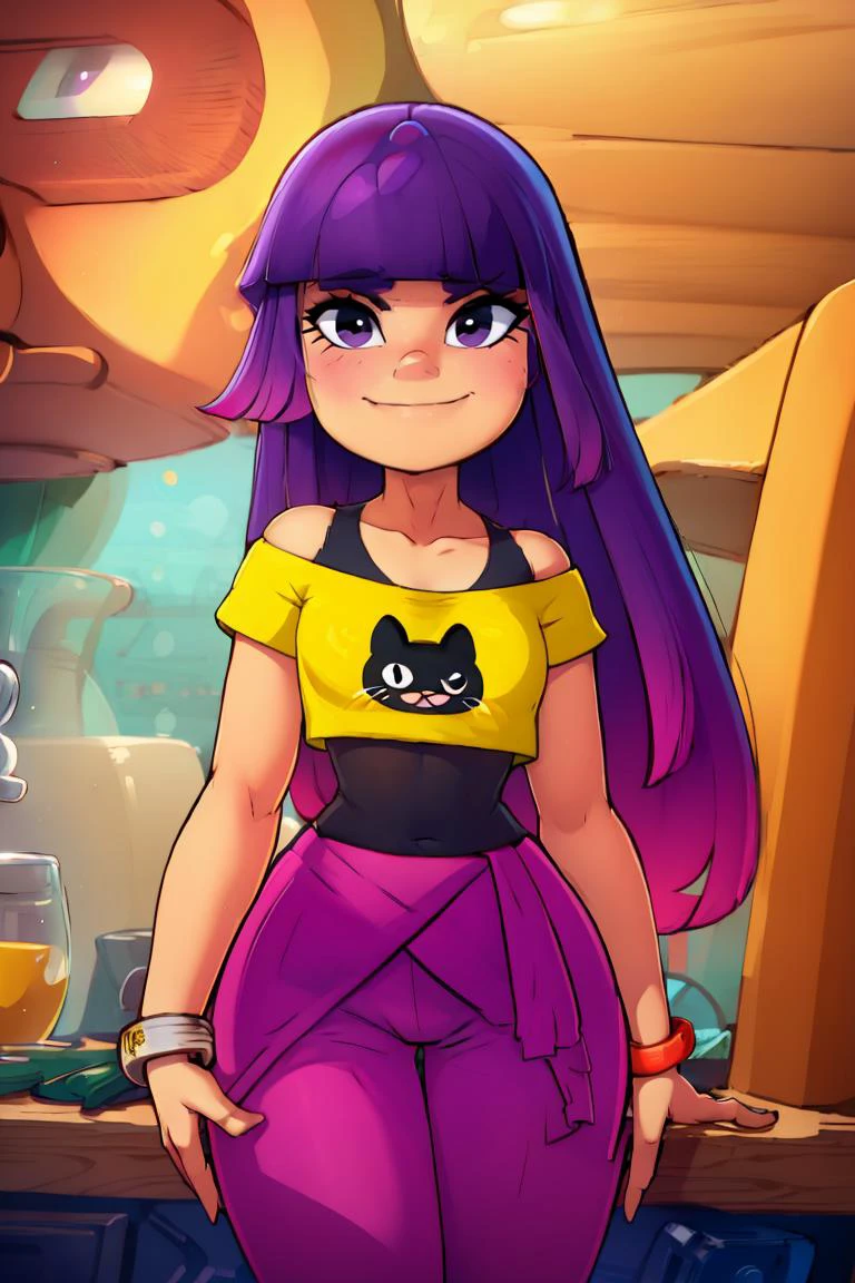 <lora:twistedscarlett60_style:0.8>,((masterpiece, best quality)), <lora:Miko:0.8>, solo, miko, purple pants, black undershirt, yellow shirt, off shoulder, jacket around waist, smile, wide hips, bracelet, animal print,