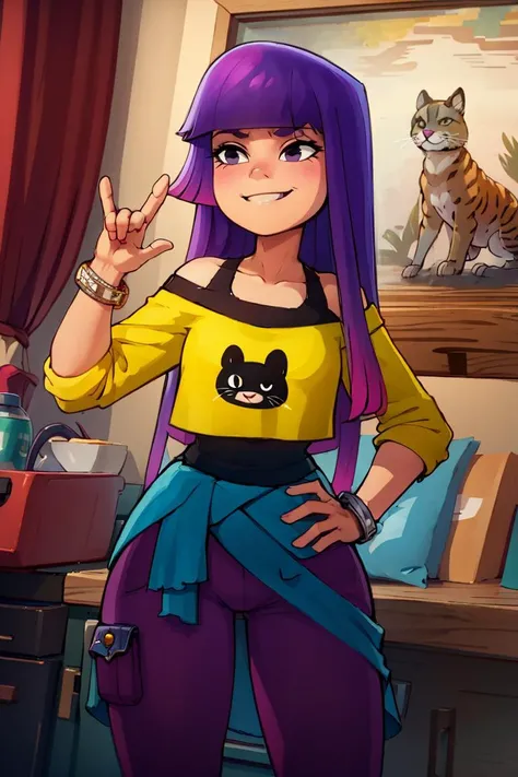 ((masterpiece, best quality)), <lora:Miko:0.8>, solo, miko, purple pants, black undershirt, yellow shirt, off shoulder, jacket around waist, smile, wide hips, bracelet, animal print, hand on hip, contrapposto,