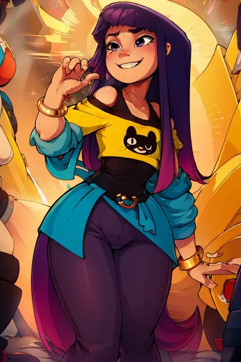 <lora:Merunyaa_Style_Dim32:0.8>,((masterpiece, best quality)), <lora:Miko:0.8>, solo, miko, purple pants, black undershirt, yellow shirt, off shoulder, jacket around waist, smile, wide hips, bracelet, animal print,
