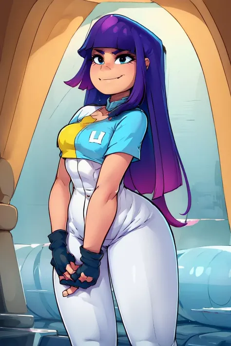 <lora:twistedscarlett60_style:0.8>,((masterpiece, best quality)), <lora:Miko:0.8>, solo, miko, wide hips, white pants, white shirt, bodysuit, fingerless gloves, smile, arms crossed, blue shirt, black undershirt, hand on hip, contrapposto,