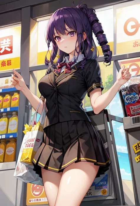 ((masterpiece, best quality)), 1girl, supermarket
umegiri hihumi, purple eyes, purple hair, drill hair, school uniform <lyco:umegiriHihumiBeatmania:0.65>