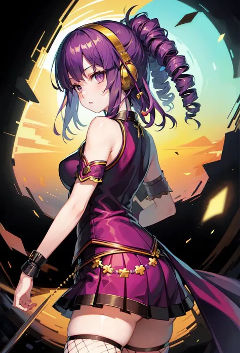 ((masterpiece, best quality)), 1girl, from side
umegiri hihumi, purple eyes, purple hair, drill hair, gold clothes, headphones, fishnets, skirt, thighhighs <lyco:umegiriHihumiBeatmania:0.65>