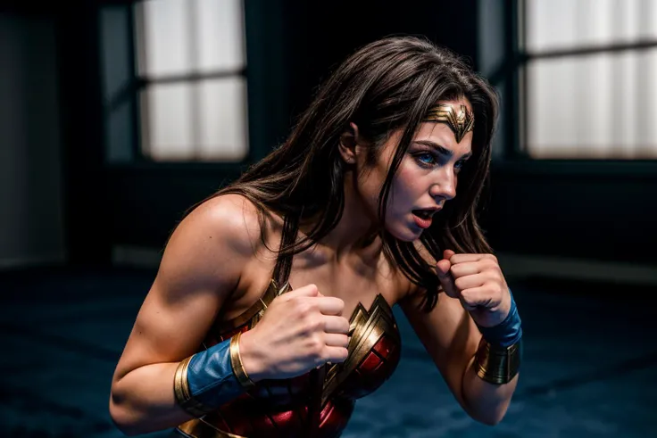 DC s,photo of a 18 year old girl,wonder woman,boxing,boxing gloves,screaming,looking at viewer,blue eyes,ray tracing,detail shadow,shot on Fujifilm X-T4,85mm f1.2,sharp focus,depth of field,blurry background,bokeh,motion blur,<lora:add_detail:1>,