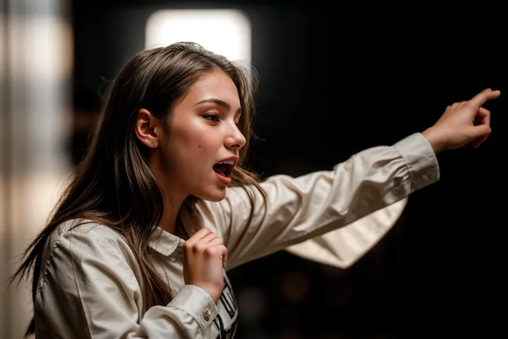 photo of a 18 year old girl,dancing,screaming,ray tracing,detail shadow,shot on Fujifilm X-T4,85mm f1.2,sharp focus,depth of field,blurry background,bokeh,motion blur,<lora:add_detail:1>,