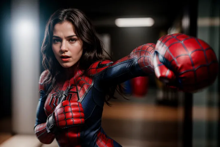 Marvel movies,photo of a 18 yer old girl,spiderman,punching viewer,incoming punch,screaming,boxing gloves,ray tracing,detail shadow,shot on Fujifilm X-T4,85mm f1.2,sharp focus,depth of field,blurry background,bokeh,motion blur,<lora:add_detail:1>,