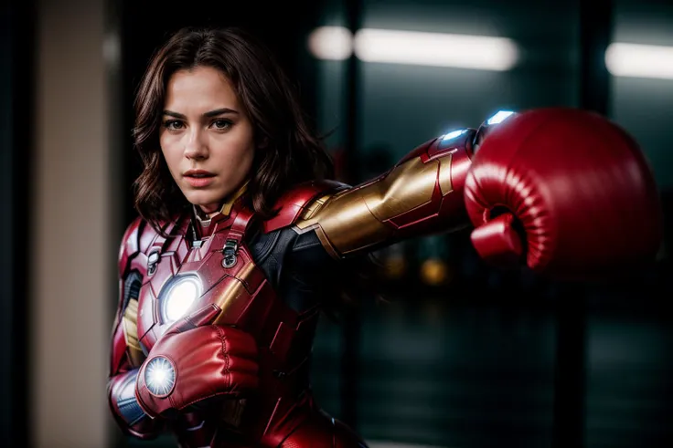 Marvel movies,photo of a 18 yer old girl,ironman,punching viewer,incoming punch,screaming,boxing gloves,ray tracing,detail shadow,shot on Fujifilm X-T4,85mm f1.2,sharp focus,depth of field,blurry background,bokeh,motion blur,<lora:add_detail:1>,