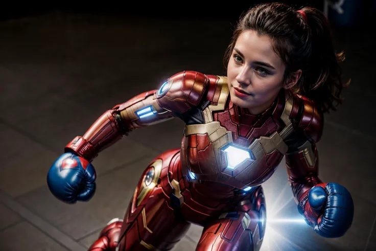 Marvel movies,full body,from above,photo of a 18 yer old girl,ironman,boxing,happy,boxing gloves,ray tracing,detail shadow,shot on Fujifilm X-T4,85mm f1.2,sharp focus,depth of field,blurry background,bokeh,lens flare,motion blur,<lora:add_detail:1>,