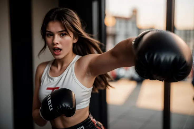 photo of a 18 yer old girl,punching viewer,incoming punch,screaming,ray tracing,detail shadow,shot on Fujifilm X-T4,85mm f1.2,sharp focus,depth of field,blurry background,bokeh,motion blur,<lora:add_detail:1>,