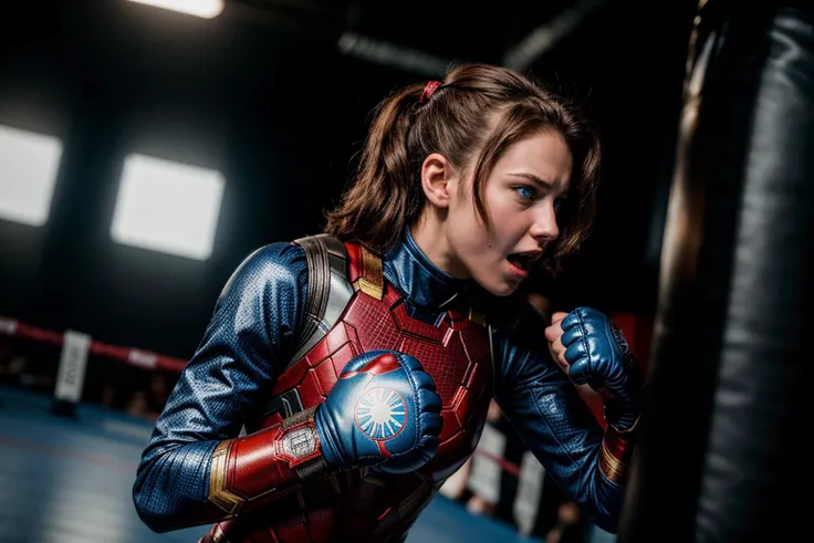 Marvel movies,photo of a 18 year old girl,ironman,boxing,boxing gloves,screaming,looking at viewer,blue eyes,ray tracing,detail shadow,shot on Fujifilm X-T4,85mm f1.2,sharp focus,depth of field,blurry background,bokeh,motion blur,<lora:add_detail:1>,