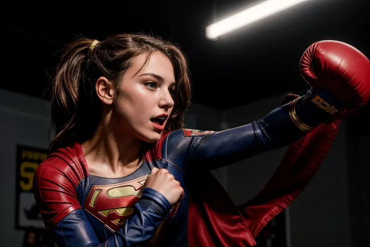 DC movies,photo of a 18 year old girl,supergirl,boxing,boxing gloves,screaming,ray tracing,detail shadow,shot on Fujifilm X-T4,85mm f1.2,sharp focus,depth of field,blurry background,bokeh,motion blur,<lora:add_detail:1>,