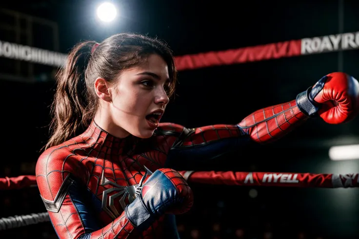 Marvel s,photo of a 18 year old girl,spiderman,boxing,boxing gloves,screaming,ray tracing,detail shadow,shot on Fujifilm X-T4,85mm f1.2,sharp focus,depth of field,blurry background,bokeh,motion blur,<lora:add_detail:1>,