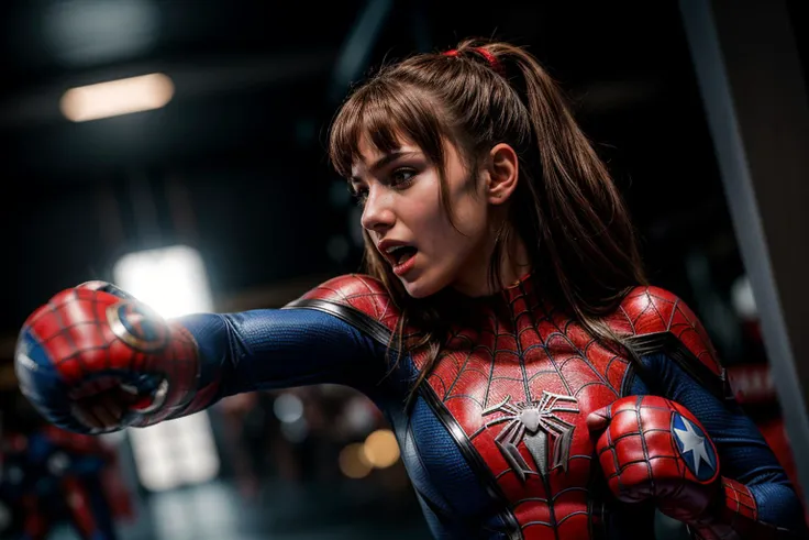 Marvel movies,photo of a 18 year old girl,spiderman,boxing,boxing gloves,screaming,ray tracing,detail shadow,shot on Fujifilm X-T4,85mm f1.2,sharp focus,depth of field,blurry background,bokeh,motion blur,<lora:add_detail:1>,