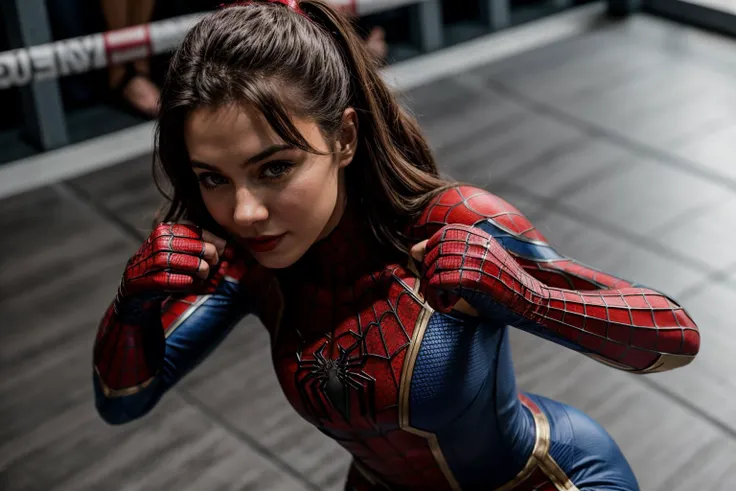 Marvel movies,full body,from above,photo of a 18 yer old girl,spiderman,boxing,happy,ray tracing,detail shadow,shot on Fujifilm X-T4,85mm f1.2,sharp focus,depth of field,blurry background,bokeh,motion blur,<lora:add_detail:1>,