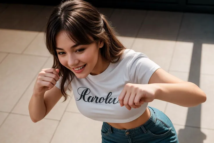 full body,from above,photo of a 18 yer old girl,dancing,happy,laughing,shirt,pants,ray tracing,detail shadow,shot on Fujifilm X-T4,85mm f1.2,sharp focus,depth of field,blurry background,bokeh,motion blur,<lora:add_detail:1>,