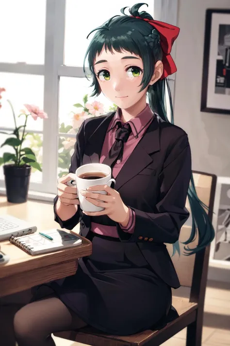 (masterpiece), (best quality), (ultra-detailed), (best illustration), (an extremely delicate and beautiful), 1girl, collared shirt, black necktie, black suit, black suit jacket, black tie, pink shirt, collared shirt, pencil skirt, black skirt, <lora:irako_nai_1-11:1:lbw=OUTD> looking at viewer, smile, cowboy shot, black pantyhose, green eyes, green hair, french braid, long hair, ponytail, bow, coffee mug, indoors, sunlight, shadow,