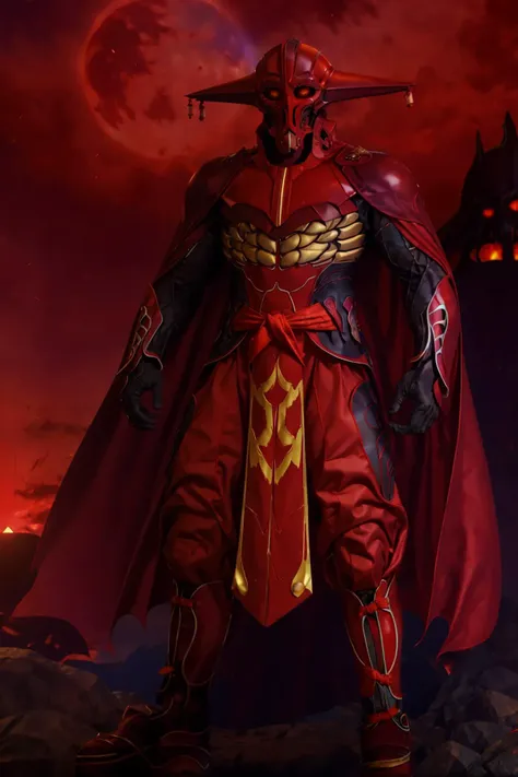 best quality, ultra-detailed, (male, solo, <lora:grahf-v1:1>, grahf, cape, helmet , armor ,glowing red eyes, intimidating attitude, standing, boots), a huge red moon is rising in the background, at dark night, (darkness:1.2)