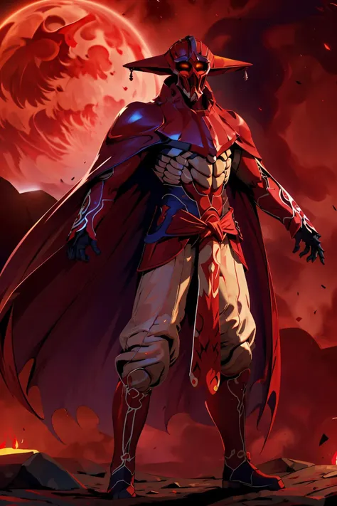 best quality, ultra-detailed, (male, solo, <lora:grahf-v1:1>, grahf, cape, helmet , armor ,glowing red eyes, intimidating attitude, standing, boots), a huge red moon in the background, at dark night, (darkness:1.2)