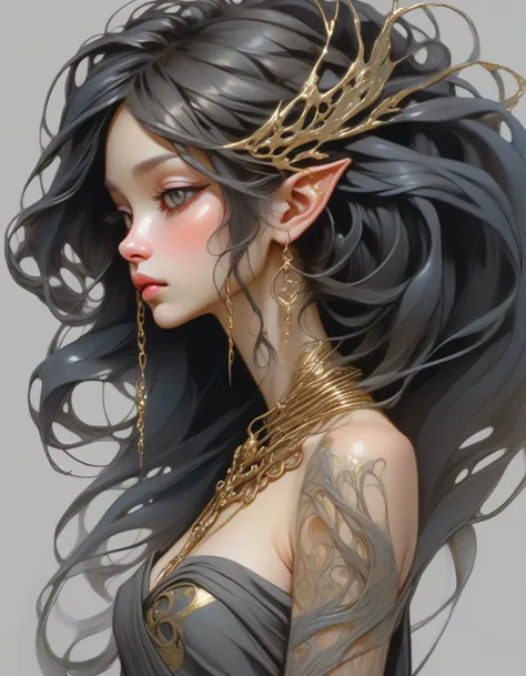 Beautiful sexy Japanese elf girl, concept art, 8k intricate details, surreal fairytale style, head tilt, oversized detailed {purple|green|blue|hazel|} eyes, looking down, seductive, textured hair, simple {charcoal|white} background, soft muted pastel colored pencil illustration, intricate gold filigree necklace, from side, multicolored {brown|black|white} hair, wispy curled hair, style of Carne Griffiths, (unfinished sketch), smudged edges