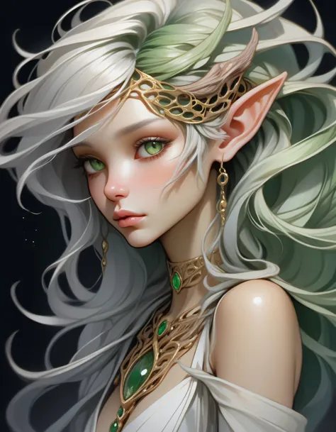 Beautiful sexy Japanese elf girl, concept art, 8k intricate details, surreal fairytale style, head tilt, oversized detailed {purple|green|blue|hazel|} eyes, looking down, seductive, textured hair, simple {charcoal|white} background, soft muted pastel colored pencil illustration, intricate gold filigree necklace, from side, multicolored {brown|black|white} hair, wispy curled hair, style of Carne Griffiths, (unfinished sketch), smudged edges