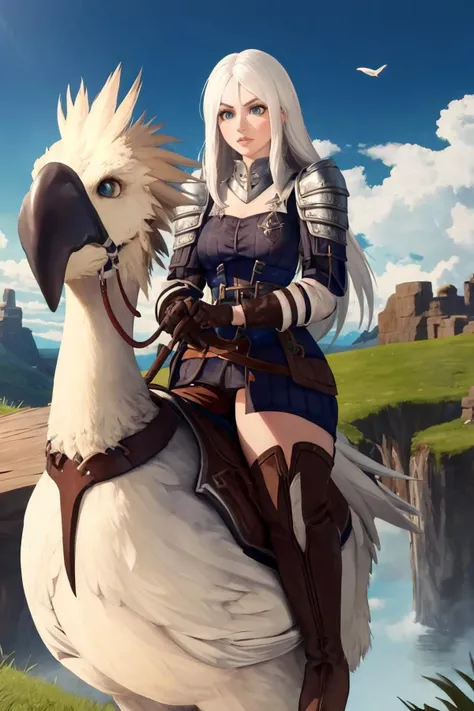 masterpiece, best quality, riding chocobo, chocobo, 1girl, <lora:angelisereiter-ff14-richy-v1:0.9> angelisereiter, armor, pauldrons, gloves, long hair, white hair, <lora:chocobo-nvwls-v1:1> fantasy, horseback riding