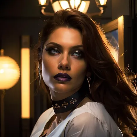 (masterpiece:1.2), (best quality,:1.2), 8k, ultra detailed, ((photorealistic)), professional light, cinematic lighting, fashion photography, ambient lighting, face lighting, April, <lora:April-10:1>, ((portrait shot)), necklace, choker, earrings, dark makeup, dark lipstick, dynamic pose, long and messy hair,  <lora:PortraitMasterV1:0.8>, 22facelexia88 style