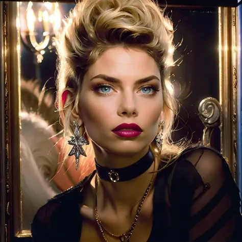 (masterpiece:1.2), (best quality,:1.2), 8k, ultra detailed, ((photorealistic)), professional light, cinematic lighting, fashion photography, ambient lighting, face lighting, Samantha, <lora:Samantha-10:1>, ((upper body shot)), necklace, circlet, choker, earrings, dark makeup, dark lipstick, dynamic pose, long and messy blonde hair,  <lora:PortraitMasterV1:0.7>, 22facelexia88 style