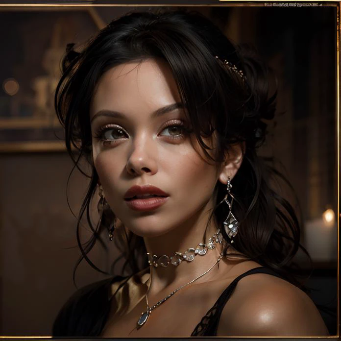(masterpiece:1.2), (best quality,:1.2), 8k, ultra detailed, ((photorealistic)), professional light, cinematic lighting, fashion photography, ambient lighting, face lighting, Sienna, <lora:Sienna-10:1>, ((portrait shot)), necklace, choker, earrings, dark makeup, dark lipstick, dynamic pose, long and messy hair, <lora:PortraitMasterV1:0.8>, 22facelexia88 style