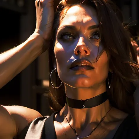 (masterpiece:1.2), (best quality,:1.2), 8k, ultra detailed, ((photorealistic)), professional light, cinematic lighting, fashion photography, ambient lighting, face lighting, April, <lora:April-10:1>, ((portrait shot)), necklace, choker, earrings, dark makeup, dark lipstick, dynamic pose, long and messy hair,  <lora:PortraitMasterV1:0.8>, 22facelexia88 style