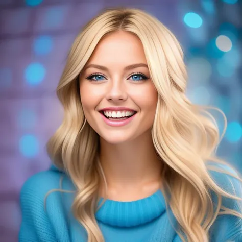A photo of a young woman with tousled blonde hair and sparkling blue eyes. Her expression is playful and filled with joy. She is wearing a cozy oversized sweater in vibrant colors, giving off a casual and carefree vibe. The focus is on her upper body, capturing her infectious laughter and the warmth she radiates.
<lora:PortraitMasterV1:1> 22facelexia88 style