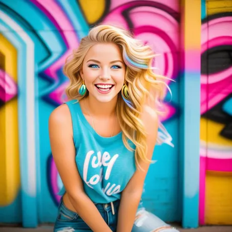 A senior photo of a joyful young woman with a contagious laughter and twinkling blue eyes. Her golden blonde hair is styled in a natural and carefree manner. She wears a casual yet stylish outfit that reflects her vibrant personality. The backdrop is a colorful urban street with graffiti art, representing her artistic side and love for creativity. The lighting is dynamic, capturing the energy and excitement of youth. The camera angle focuses on her upper body, showcasing her vibrant spirit and zest for life.
<lora:PortraitMasterV1:1> 22facelexia88 style