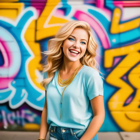 A senior photo of a joyful young woman with a contagious laughter and twinkling blue eyes. Her golden blonde hair is styled in a natural and carefree manner. She wears a casual yet stylish outfit that reflects her vibrant personality. The backdrop is a colorful urban street with graffiti art, representing her artistic side and love for creativity. The lighting is dynamic, capturing the energy and excitement of youth. The camera angle focuses on her upper body, showcasing her vibrant spirit and zest for life.
<lora:PortraitMasterV1:1> 22facelexia88 style