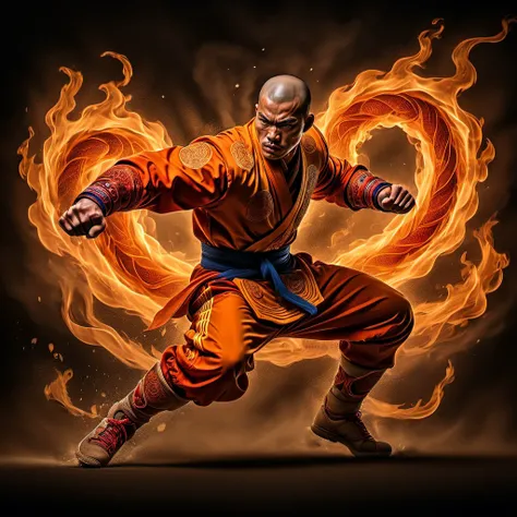 lifelike painting, full body action shot of a muscular Shaolin monk in active fighting pose with a silhouette of a dragon and smoke behind him, fist gauntlets, (old Shaolin dojo), veins and muscles, intricately detailed, complex, elegant, fiery glowing fists in motion forming a fiery dragon, 16k, uhd, dslr, film grain, detailed skin, award-winning photo, <lora:XL_Weapon_Fist_Gauntlets_-_By_HailoKnight:0.5>, <lora:d\EnvyActionShotXL01:0.85>, <lora:extremely_detailed:4>, extremely detailed scene