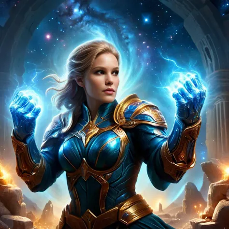 <lora:xl_more_art-full_v1:0.7>, (best quality:1.5), (hyperrealism:1.3), (intricate emotional details:1.5), (ultra detailed), (sharp focus), (sharp details), detailed digital illustration of a Galactic librarian archiving knowledge across galaxies wielding a <lora:tranzp-sdxl:0.7> tranzp <lora:XL_Weapon_Fist_Gauntlets_-_By_HailoKnight:0.5> fist gauntlets, at a Ancient ruins beneath cosmic auroras