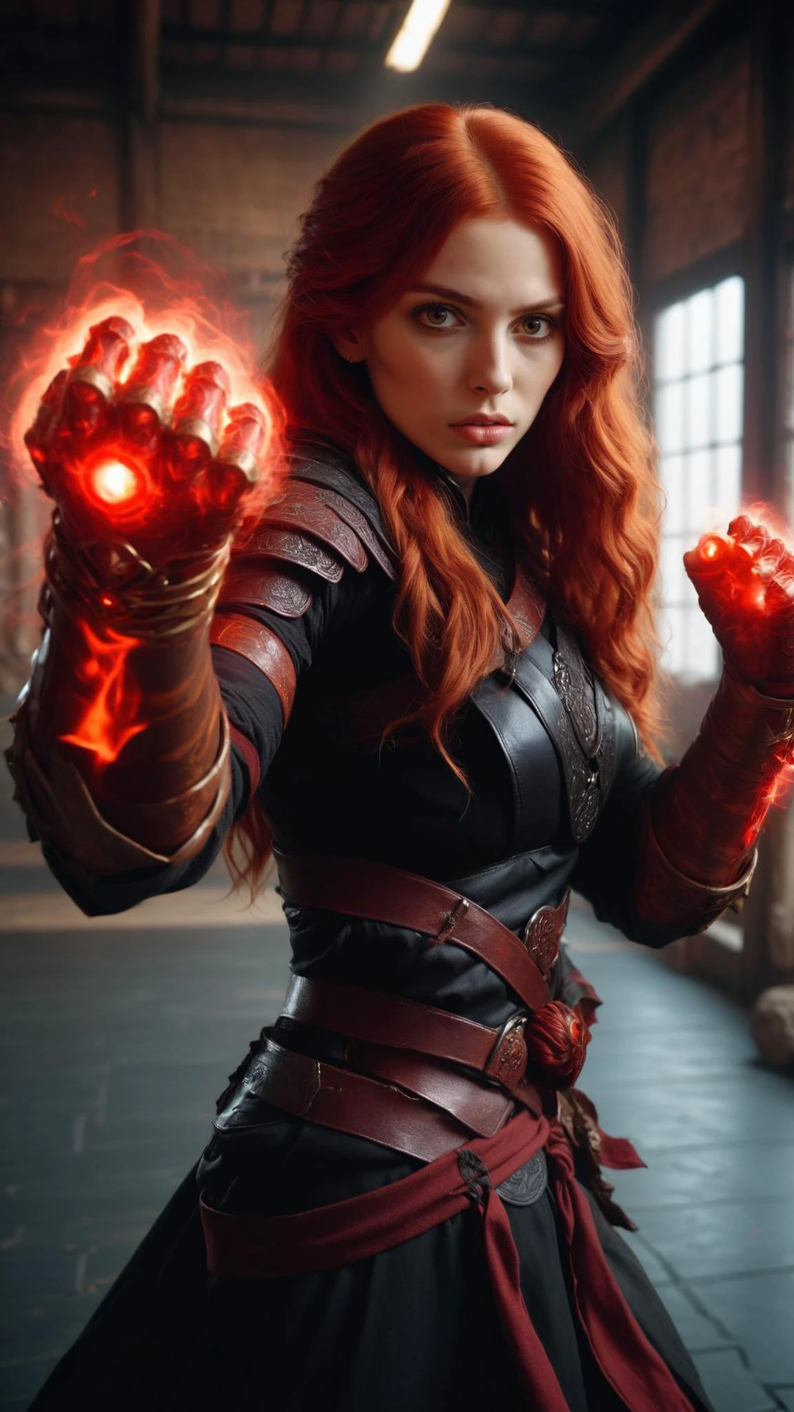 photograph of a woman, long wavy red hair, fantasy dungeons & dragons dark monk outfit, wearing a pair of red fist gauntlets, in a martial arts dojo, shot with an olympus om-1, flattering lighting, ultra realistic, <lora:XL_Weapon_Fist_Gauntlets_-_By_HailoKnight:0.7>