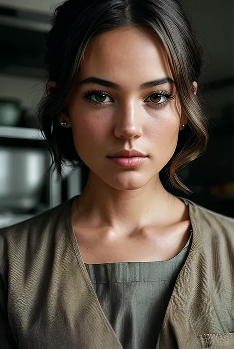 beautiful young woman (EP3ll4M3nd3ls0hn:.99), Dynamic layered bob, jewellery, ((portrait)), (closeup:1.2), ((from the waist up)), (( kitchen :1.2)), natural skin texture, (( workclothes :1.2)), 24mm, 4k textures, soft cinematic light, adobe lightroom, photolab, hdr, intricate, elegant, highly detailed, sharp focus, ((((cinematic look)))), soothing tones, insane details, intricate details, incredibly_absurdres, hyperdetailed, low contrast, soft cinematic light, exposure blend, hdr, faded, now, ("I've got a bad feeling about this.":1.1)