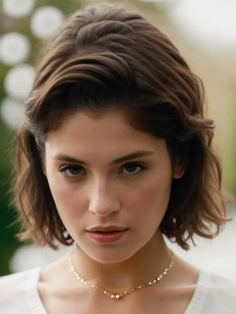 Realistic photo of a beautiful g3mm44 woman, 1girl, solo, short hair, simple background, brown hair, shirt, long sleeves, white background, brown eyes, jewelry, white shirt, upper body, bracelet, lips, looking to the side, realistic, nose, soft lighting, professional Photography, Photorealistic, detailed, RAW, analog, sharp focus, 8k, HD, high quality, masterpiece<lora:g3mm44:1.0>