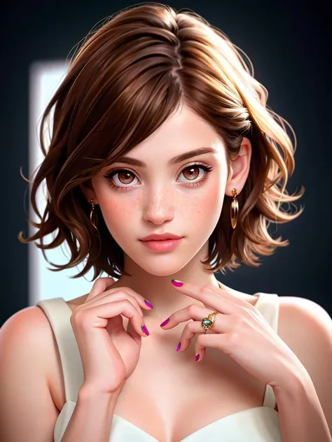 Realistic photo of a beautiful g3mm44 woman, 1girl, solo, looking at viewer, short hair, simple background, brown hair, brown eyes, jewelry, upper body, earrings, nail polish, lips, ring, freckles, realistic, index fingers together, soft lighting, professional Photography, Photorealistic, detailed, RAW, analog, sharp focus, 8k, HD, high quality, masterpiece<lora:g3mm44:1.0>