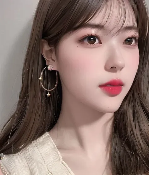 masterpiece, best quality,ultra details,1girl,solo,<lora:IwamotoRenka_JP_Idol:0.8>,realistic,wavy_hair,flipped hair,hairpin,stud earrings,looking at viewer,