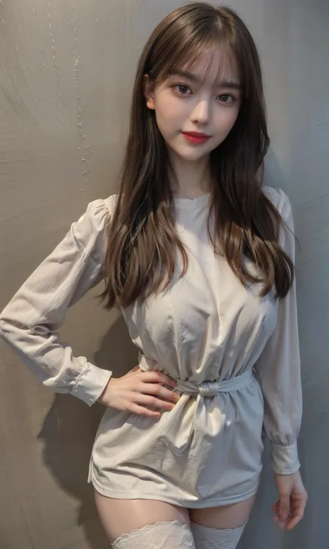 ((black thighhighs)), (masterpiece),((ultra-detailed)), (highly detailed CG illustration),(expressionless), (best quality:1.2),realistic8K UHD, High definition,(1girl:1.2),High quality texture, intricate details, detailed texture, finely detailed, high detail, extremely detailed cg, High quality shadow, a realistic representation of the face, Detailed beautiful delicate face, Detailed beautiful delicate eyes, brown eye pupil, a face of perfect proportion, Depth of field, Cinematic Light, Lens Flare, Ray tracing,perspective,20s, Prominent Nose, slender face, tall girl, (big eyes:1.2),blush,glossy lips, perfect body, lean body, Particles of Light,(narrow waist:1.3), large breast, distinct_image, high_resolution, (lustrous skin), solo focus, (brown hair), (finely detailed beautiful eyes and detailed face),(detailed face), (streaked hair), light source contrast, medium hair, ((smile)), (pureerosface_v1:0.5) , (ulzzang-6500-v1.1:0.5), <lora:add_detail:0.8> , <lora:renka_v2:0.8>