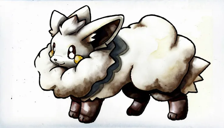 feral,(,,,<lora:Cremis_Palworld_v2.0_:1>,,,,palcremis),anime,cute,<lora:KenSugimori1990s:1>,sugimori ken 1990s,white background,watercolor (medium),full body,white fur,brown_ paws,