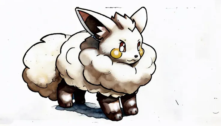 feral,(,,,<lora:Cremis_Palworld_v2.0_:1>,,,,palcremis),anime,cute,<lora:KenSugimori1990s:1>,sugimori ken 1990s,white background,watercolor (medium),full body,white fur,brown_ paws,
