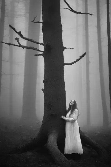 <lora:Photographer Maren Klemp Style:1>Photographer Maren Klemp Style - a woman in a white dress standing next to a tree in a foggy forest