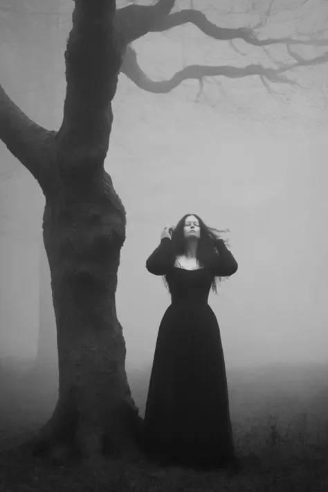 <lora:Photographer Maren Klemp Style:1>Photographer Maren Klemp Style - a woman in a long black dress standing under a tree on a foggy day