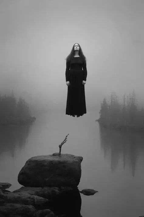 <lora:Photographer Maren Klemp Style:1>Photographer Maren Klemp Style - a woman standing on top of a rock next to a body of water