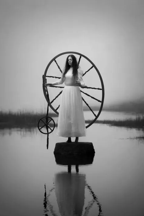 <lora:Photographer Maren Klemp Style:1>Photographer Maren Klemp Style - a woman in a white dress standing next to a spinning wheel near a body of water